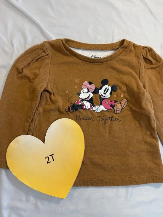GAP X Disney Kids Brown Long Sleeve Tee with Mickey and Minnie - Picture 1 of 5